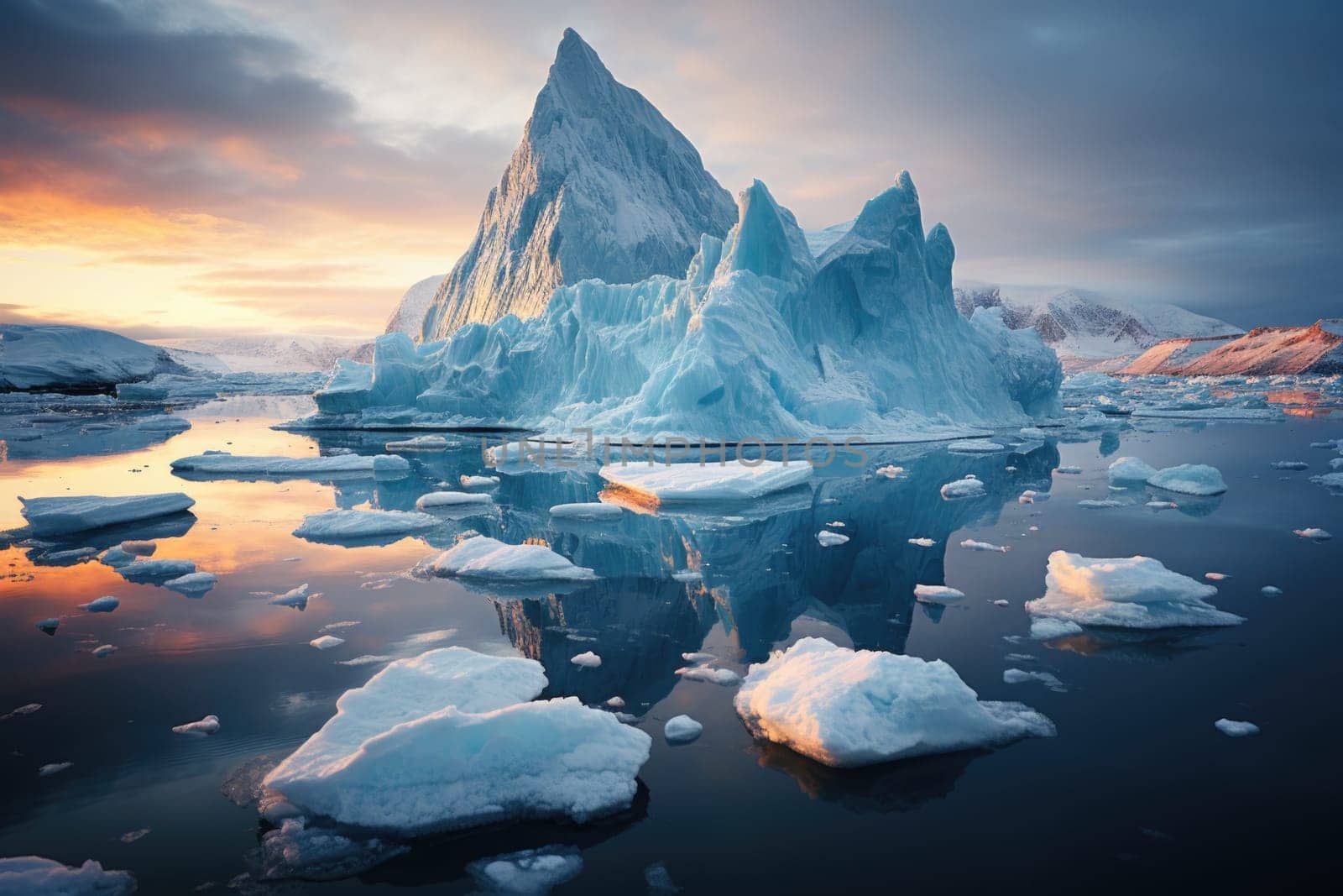 Iceberg in clear blue ocean with sunset time and generate with Ai. High quality photo