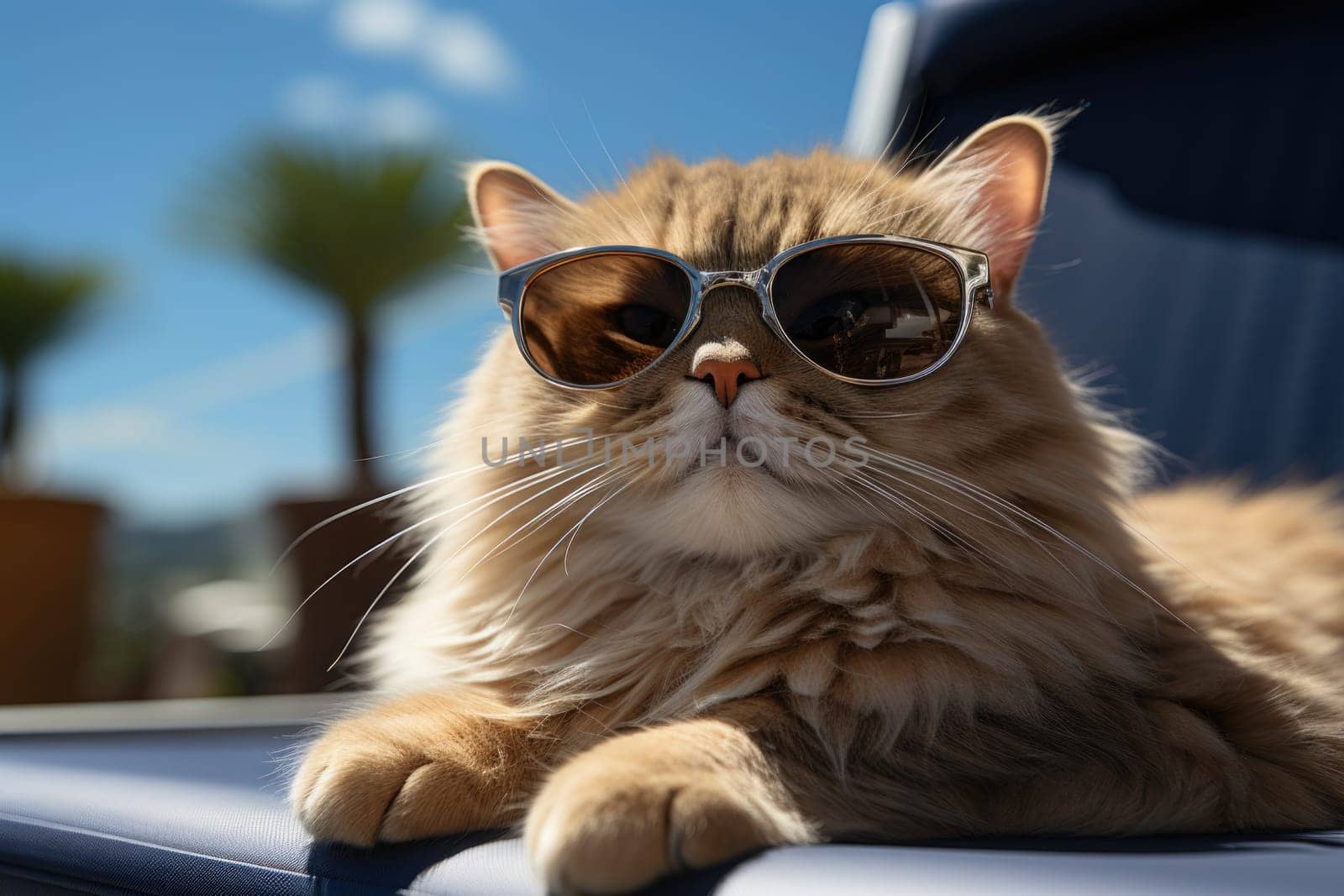 cat relaxing on desk chair at the beach Generate with Ai by prathanchorruangsak