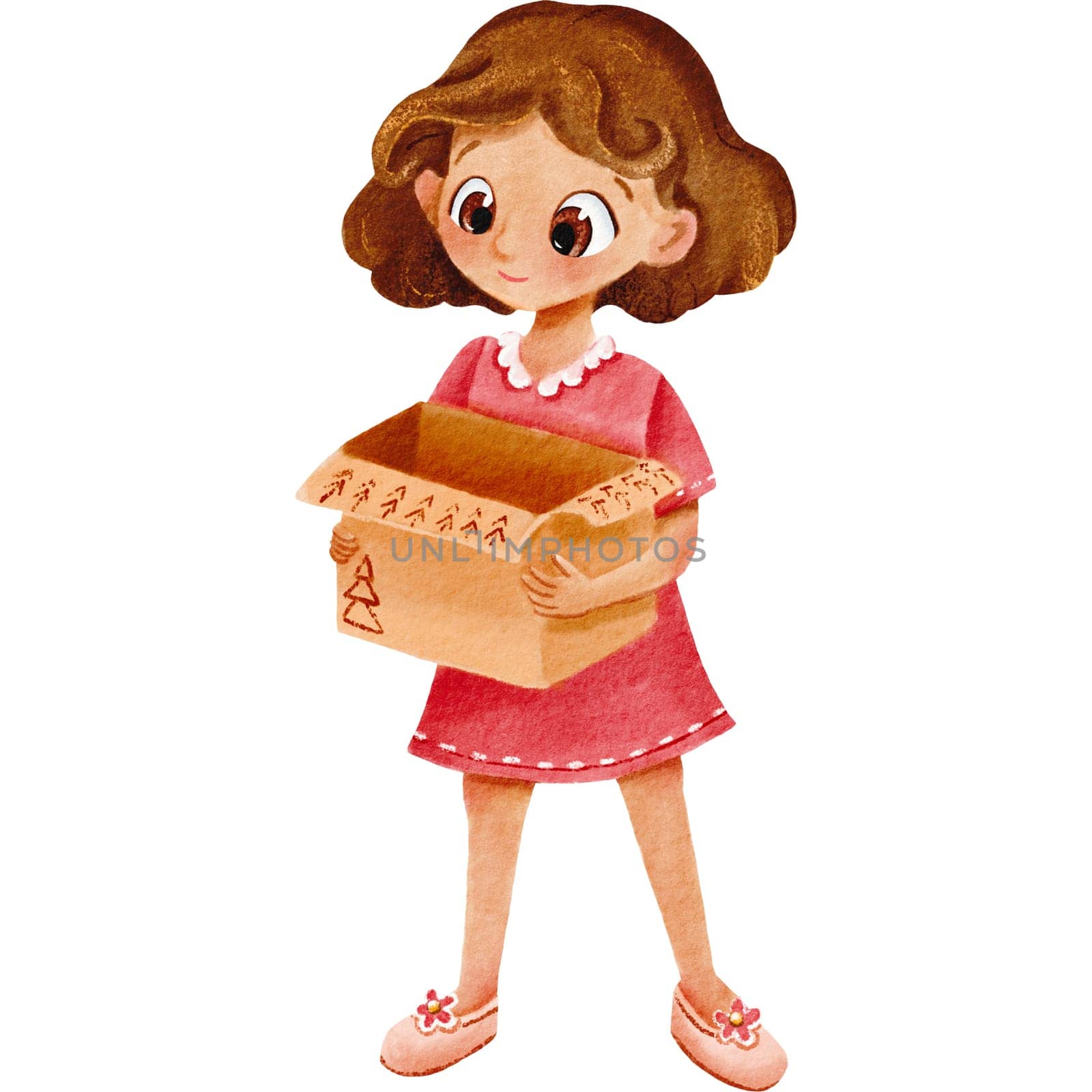 A girl in a pink dress is holding an empty box. Cute baby is smiling. Watercolor isolated illustration. Design for card making, party invitations, logos, greeting cards, posters, D.I.Y. and other..