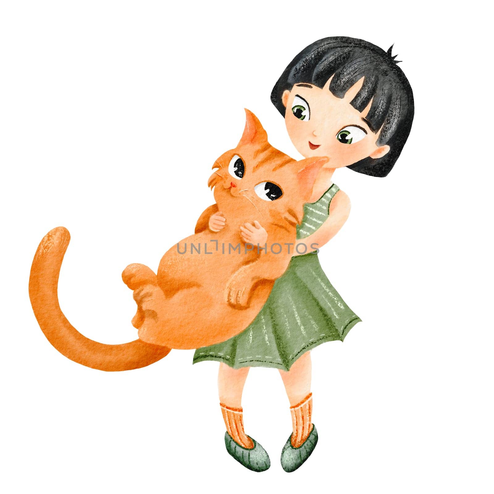 Girl holds her red cat in arms. Asian teen smiles at fat pet. Funny watercolor illustration. Friendship of a child and an animal. Watercolor isolated illustration. Character for posters, postcards by Art_Mari_Ka