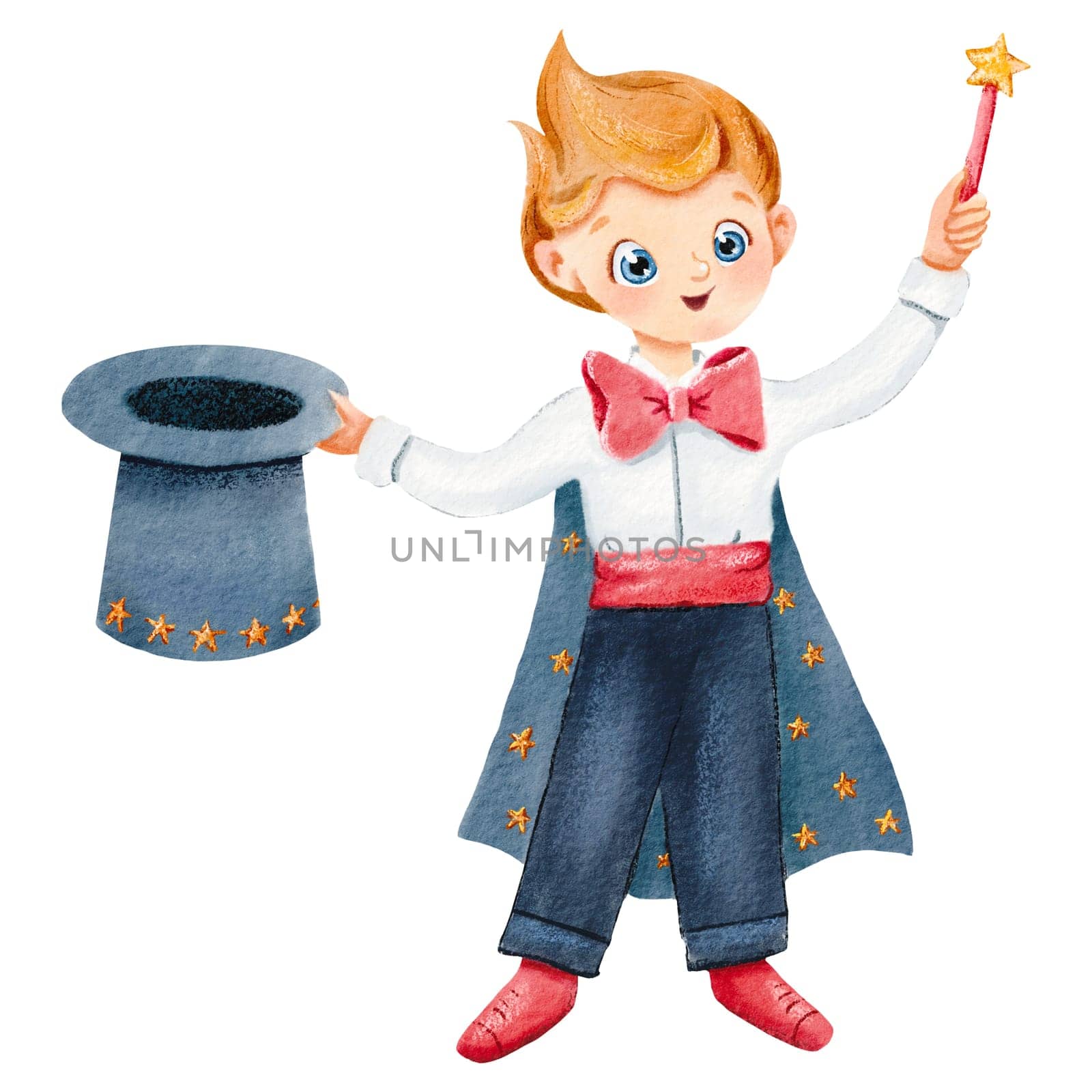 Naughty little magician. Young wizard in tailcoat, with top hat and a magic wand. Performance begins. Watercolor isolated illustration. Diversity Character for posters, postcards party invitations,.