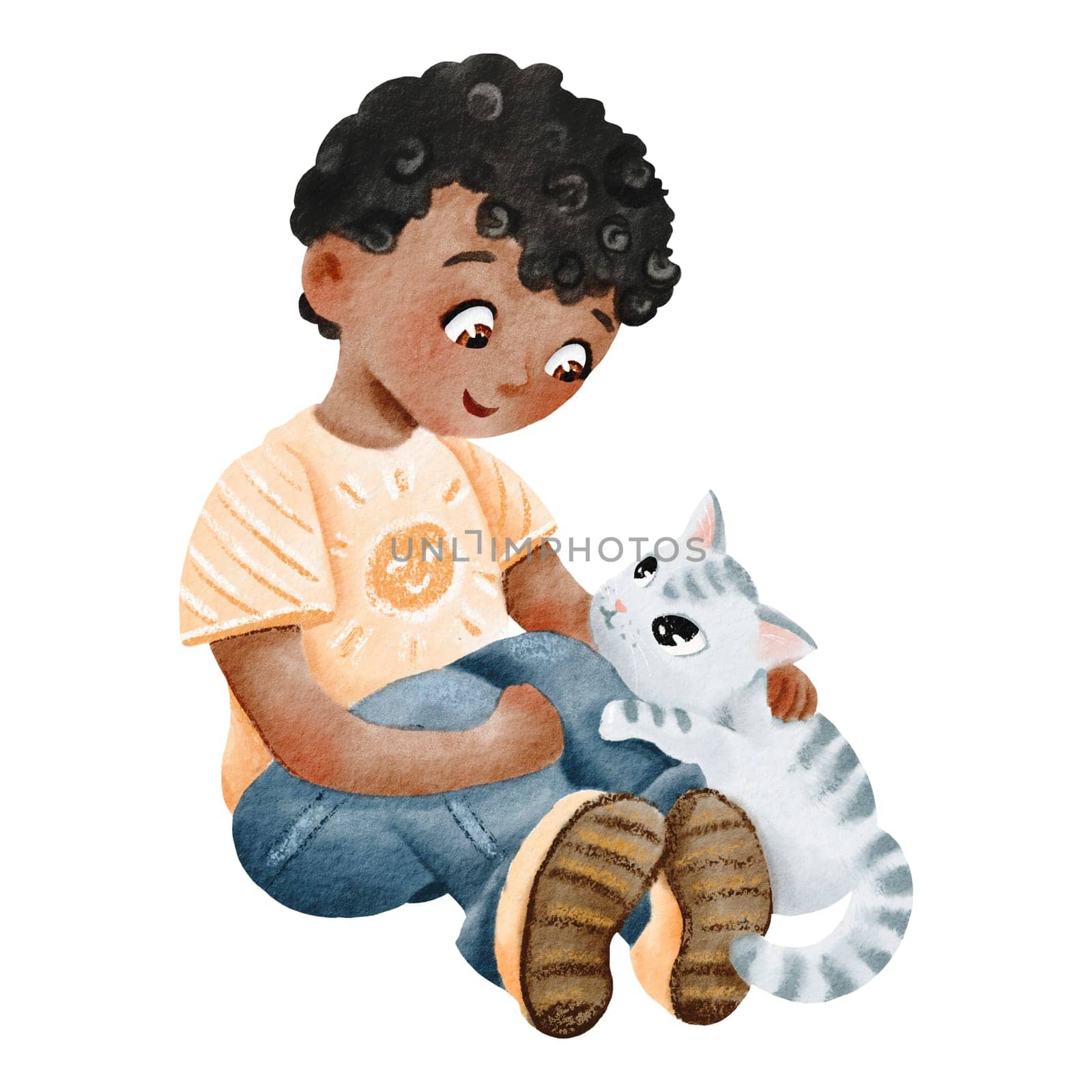 The boy strokes the cat. African American teenager is sitting with his pet. Cute dark-skinned kid is talking to his striped kitty. Love for animals. Friendship. Watercolor isolated illustration.