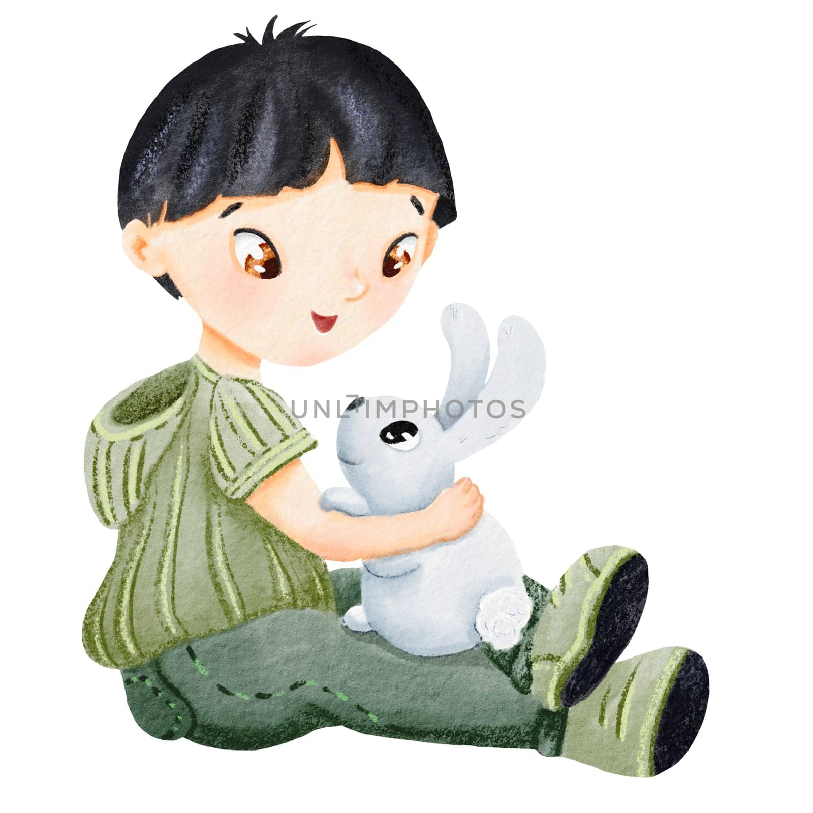 Asian boy stroking a rabbit. A teenager is sitting with a hare on his lap. Favorite pet. Love for animals. Easter bunny. Watercolor isolated illustration. Diversity Character for posters, postcards.