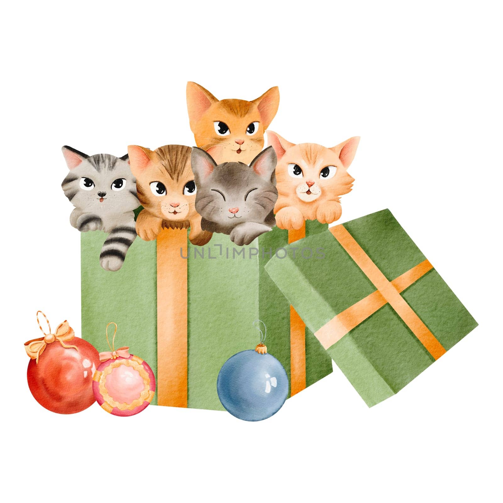 composition. A large green gift box with a gold ribbon. cute colorful cats and kittens. Christmas tree balls. Watercolor festive illustration. for postcards, wrapping, posters, party invitations, by Art_Mari_Ka