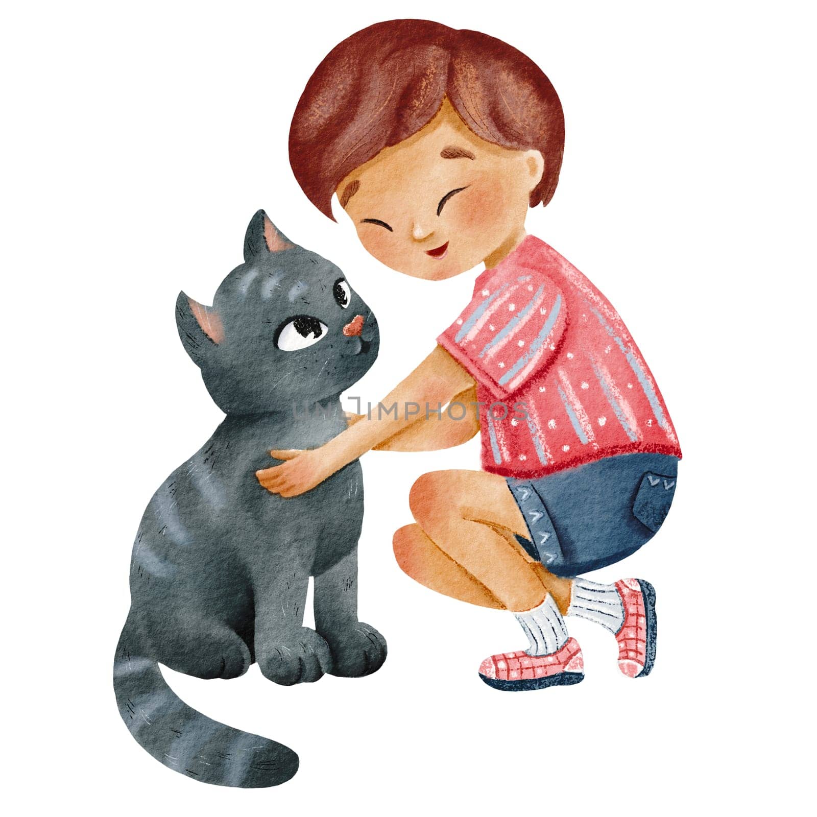 boy stroks a huge black cat. joy of communicating with animals. friendship of child and pet. kitten looks at the teenager. Watercolor isolated illustration. Diversity Character for posters, postcards.