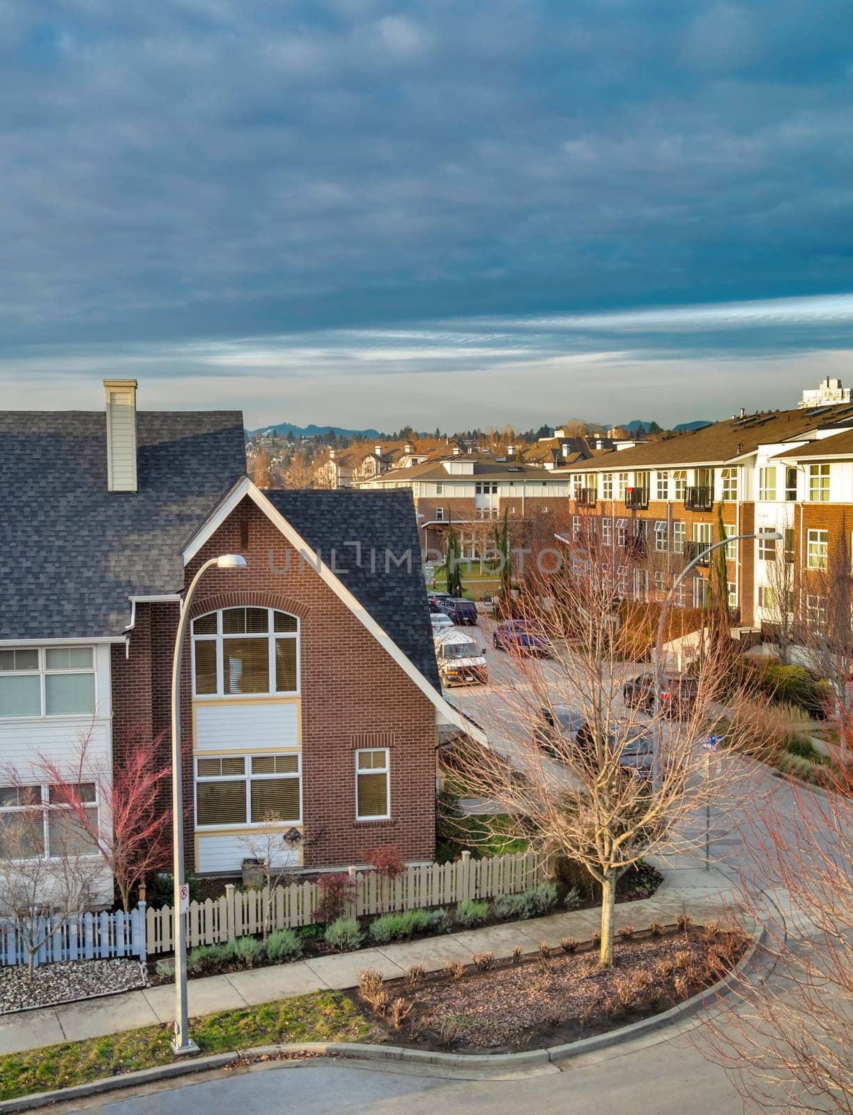 Top view on residential townhouse and condominium buildings of Queensborough community