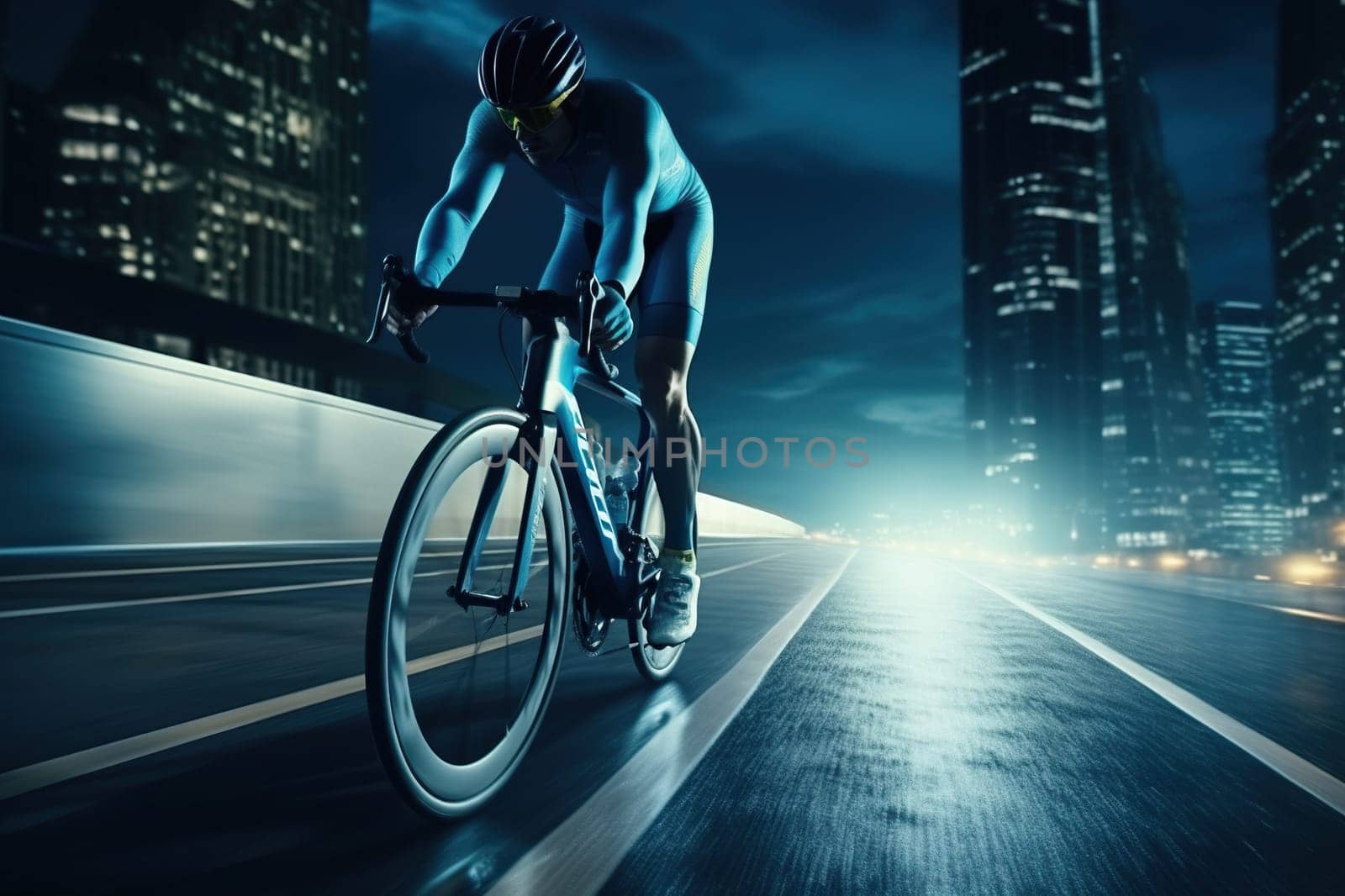 A professional cyclist rides at night in the city. Concept of sport, lifestyle, health, speed development.