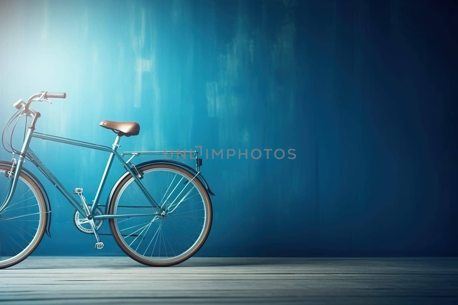 Blue bicycle with a basket in an empty room near a blue wall.