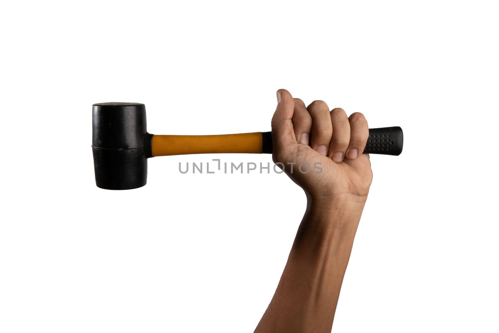 black male hand holding a rubber hammer no background by TropicalNinjaStudio