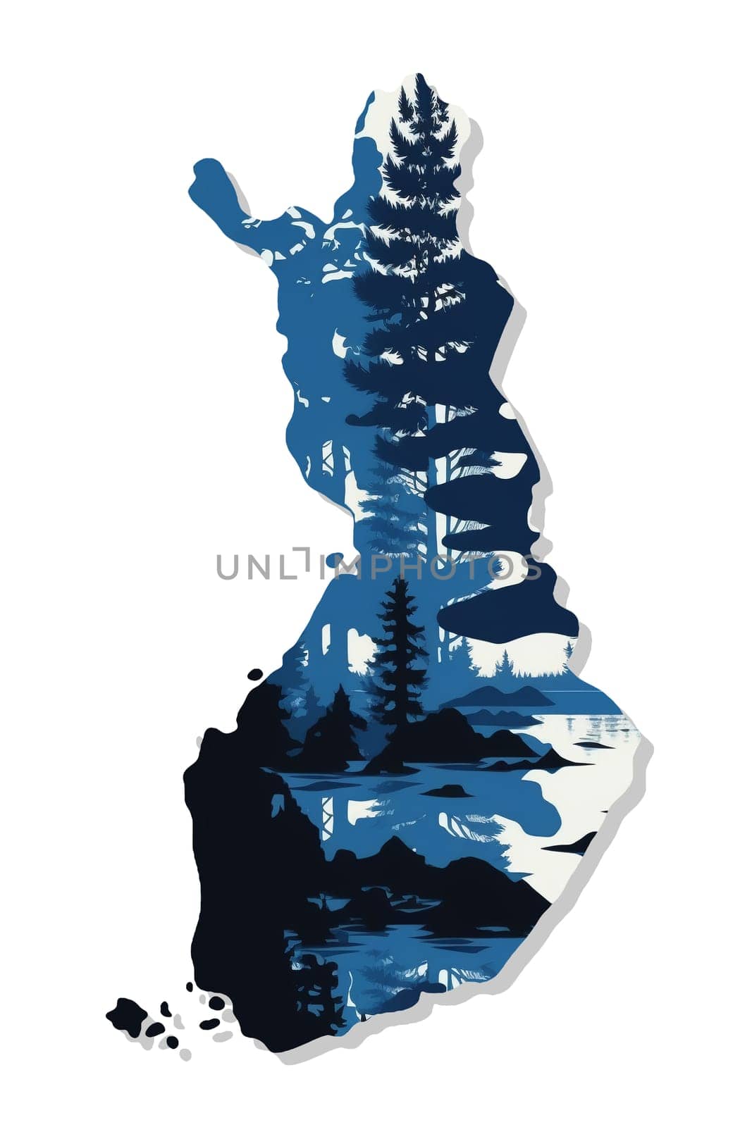 Contour of Finland - detailed map with nature of country painted watercolor in national colors. Generative AI