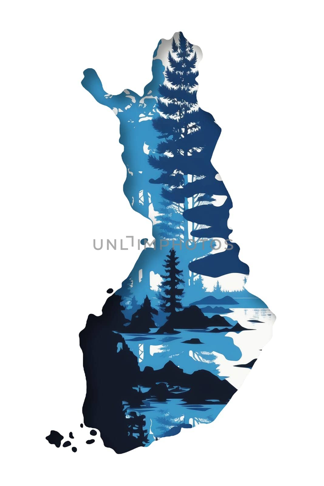 Contour of Finland - detailed map with nature of country painted watercolor in national colors. Generative AI