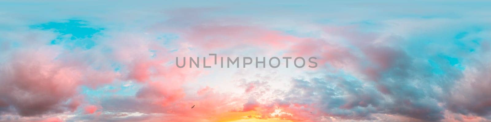 Sunset sky panorama with bright glowing pink Cumulus clouds. HDR 360 seamless spherical panorama. Full zenith or sky dome in 3D, sky replacement for aerial drone panoramas. Weather and climate concept