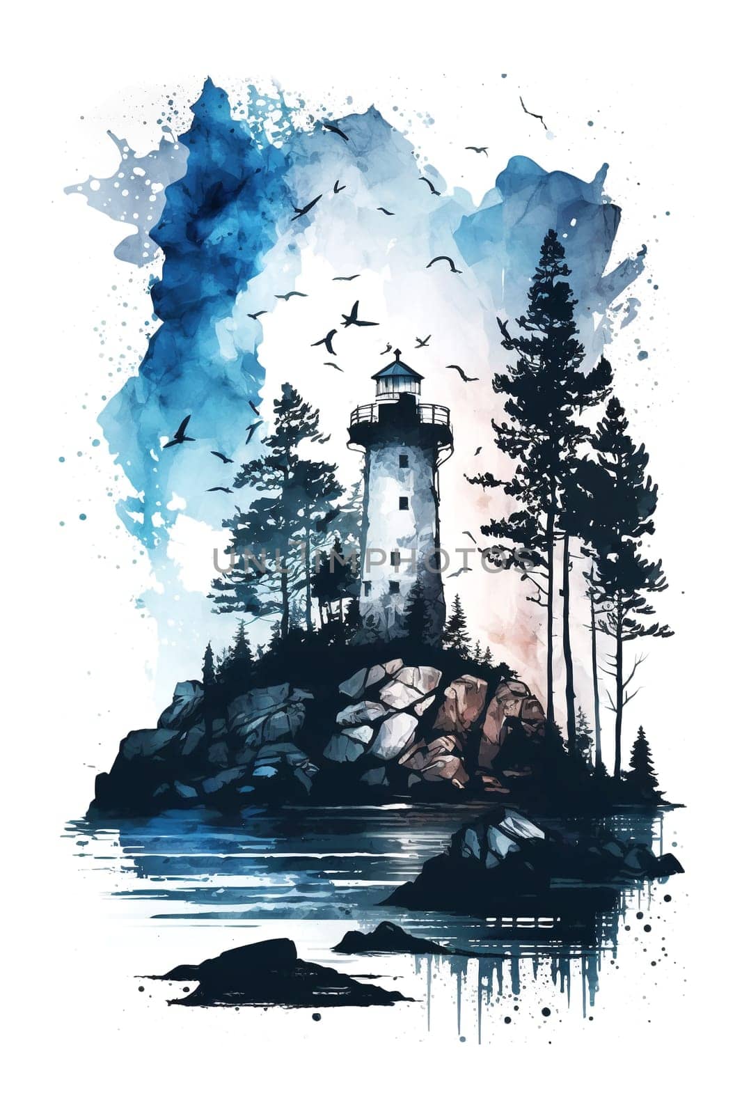 Finland, Finnish nature. Watercolor lighthouse illustration for postcard, poster, vertical banner. Generative AI