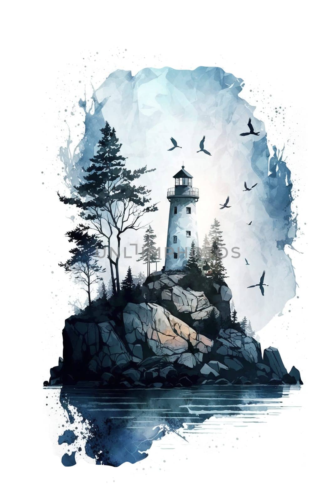 Finland, Finnish nature. Watercolor lighthouse illustration for postcard, poster, vertical banner. Generative AI