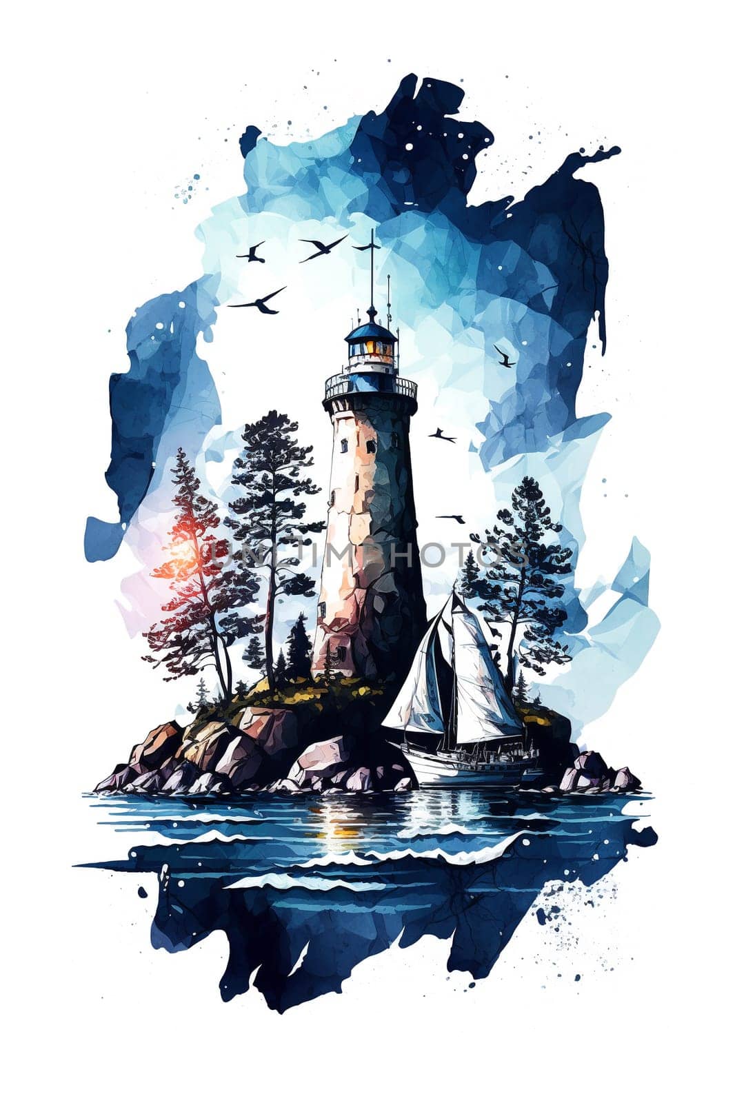 Finland, Finnish nature. Watercolor lighthouse illustration for postcard, poster, vertical banner. Generative AI