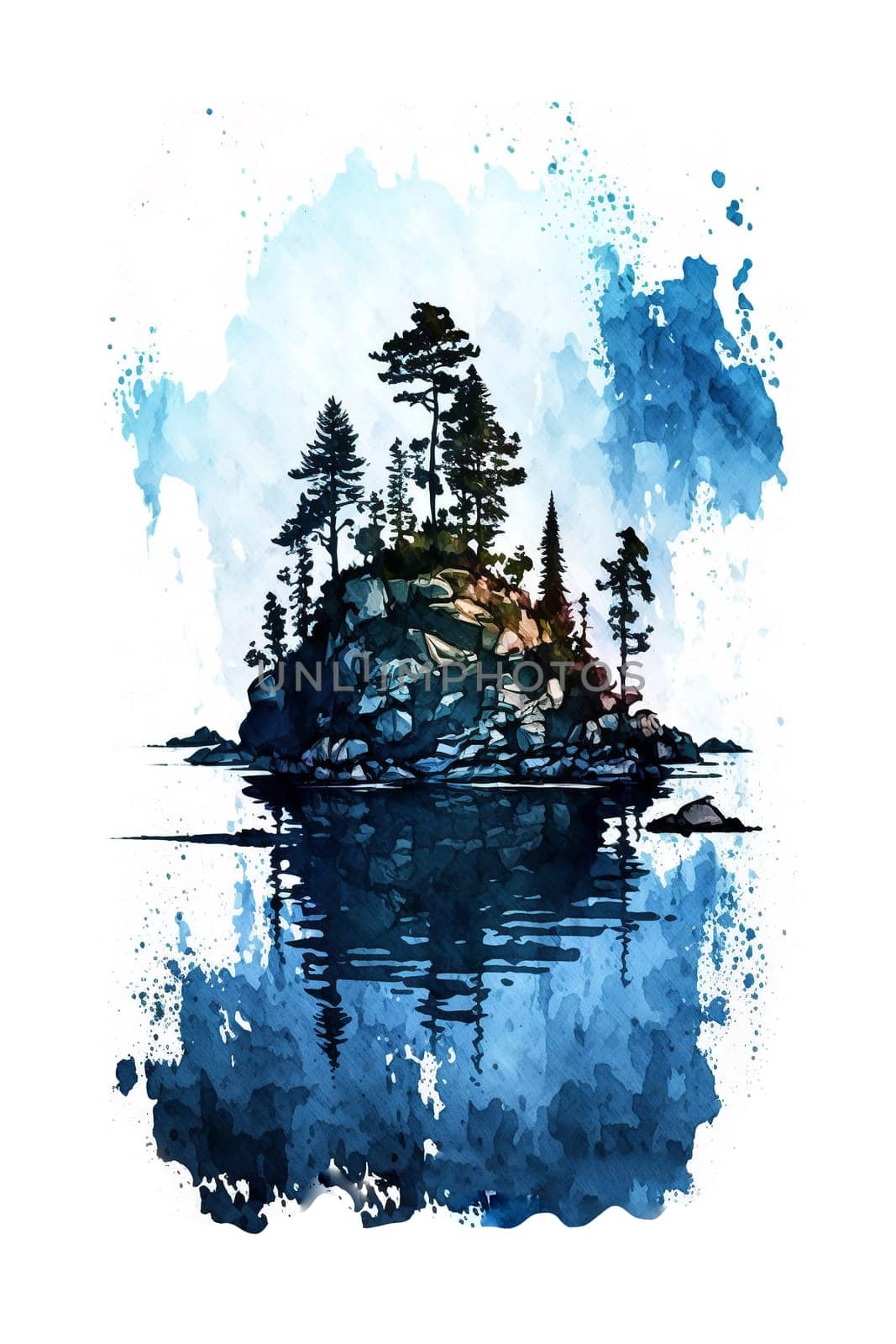 Finland, Finnish nature. Watercolor illustration of island for postcard, poster, vertical banner. Generative AI