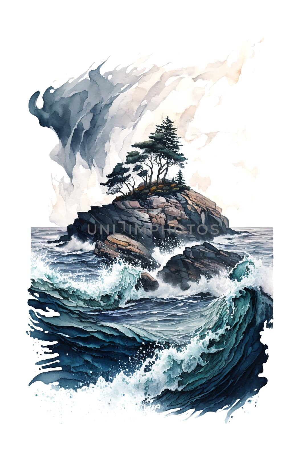 Finland, Finnish nature. Watercolor illustration of island for postcard, poster, vertical banner. Generative AI