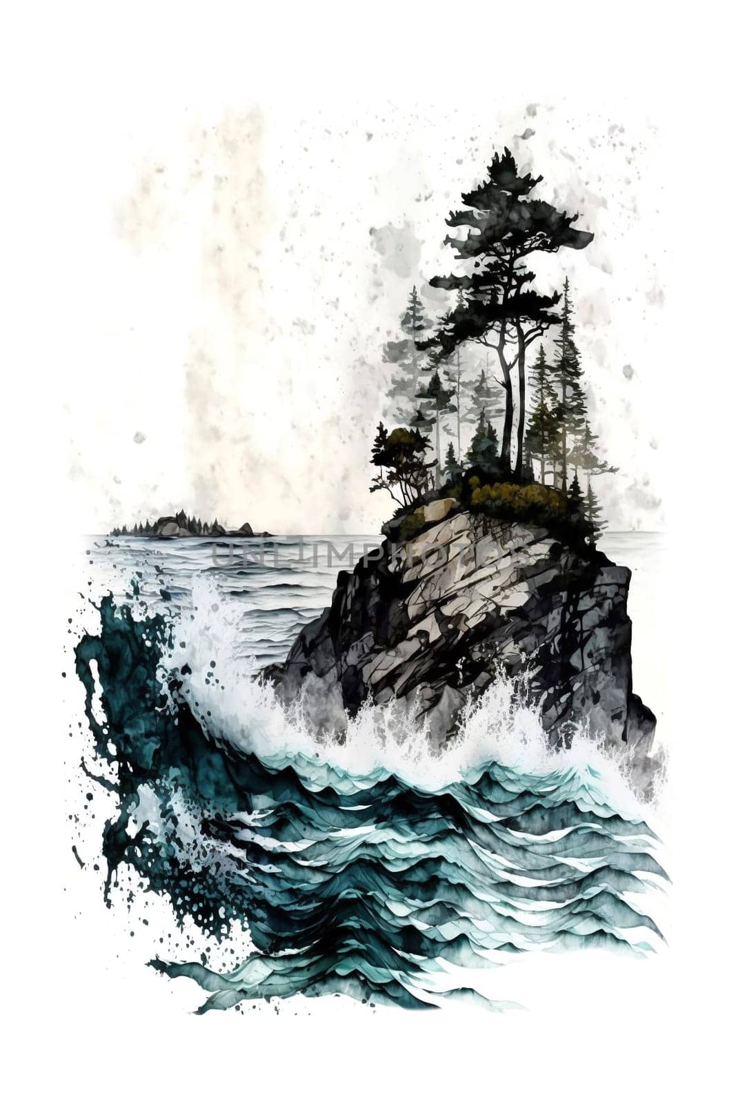 Finland, Finnish nature. Watercolor illustration of island for postcard, poster, vertical banner. Generative AI