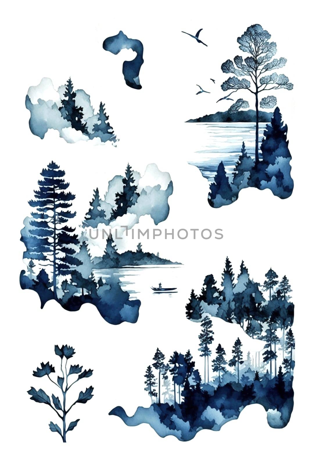 Finland, finnish nature painted watercolor in national colors. Vertical illustration. Generative AI