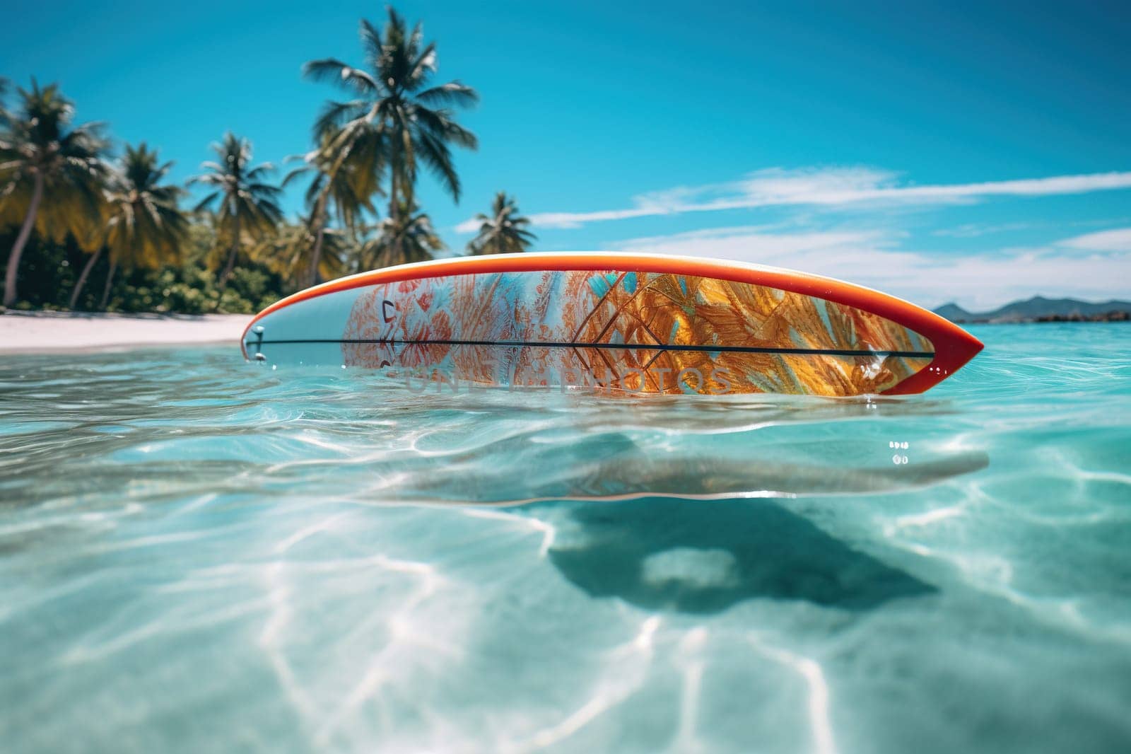 Surfboard in crystal clear water next to the beach and palm trees. Water sports. Leisure.
