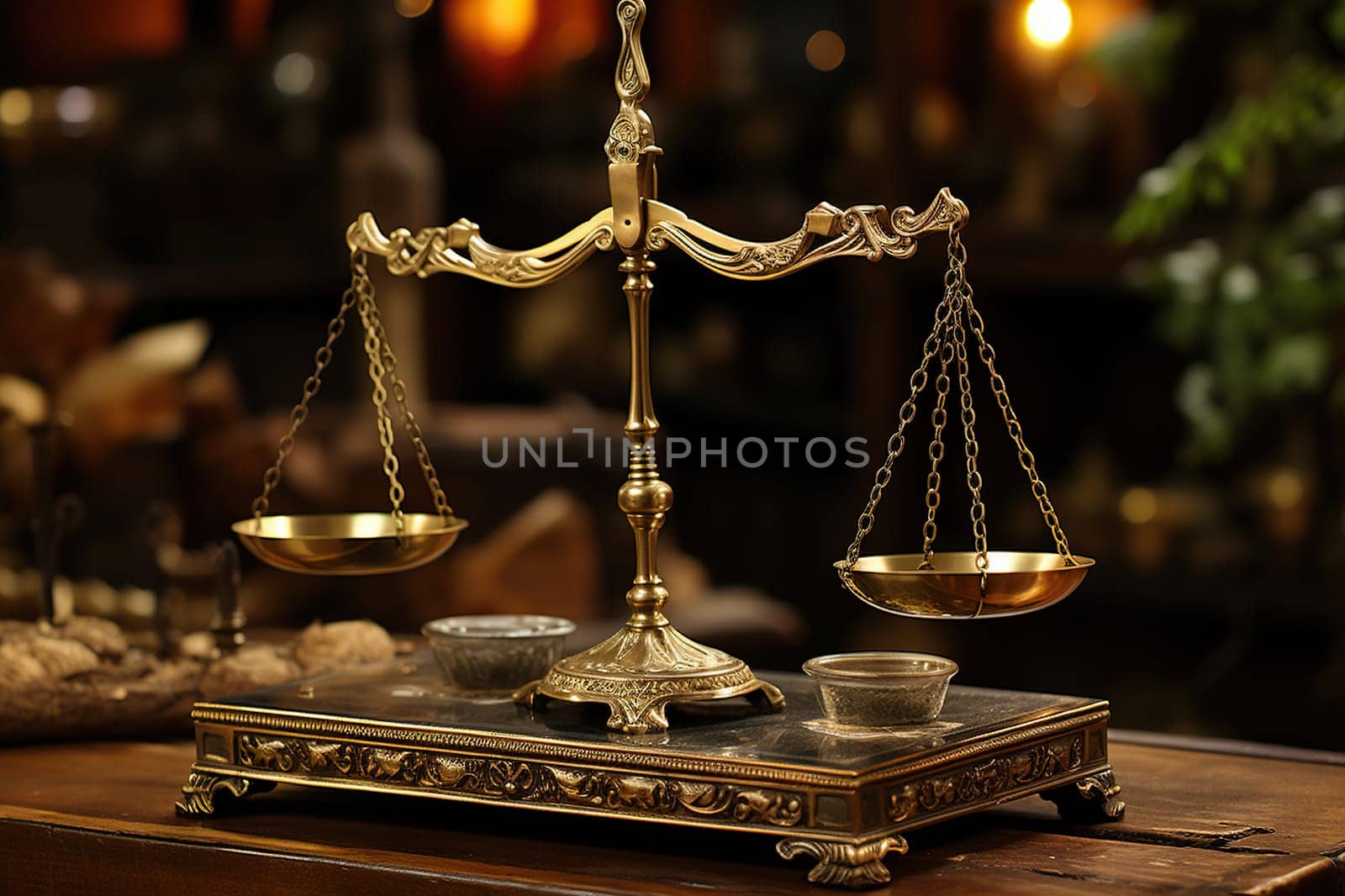 Golden scales of justice on a wooden table with a blurred background.