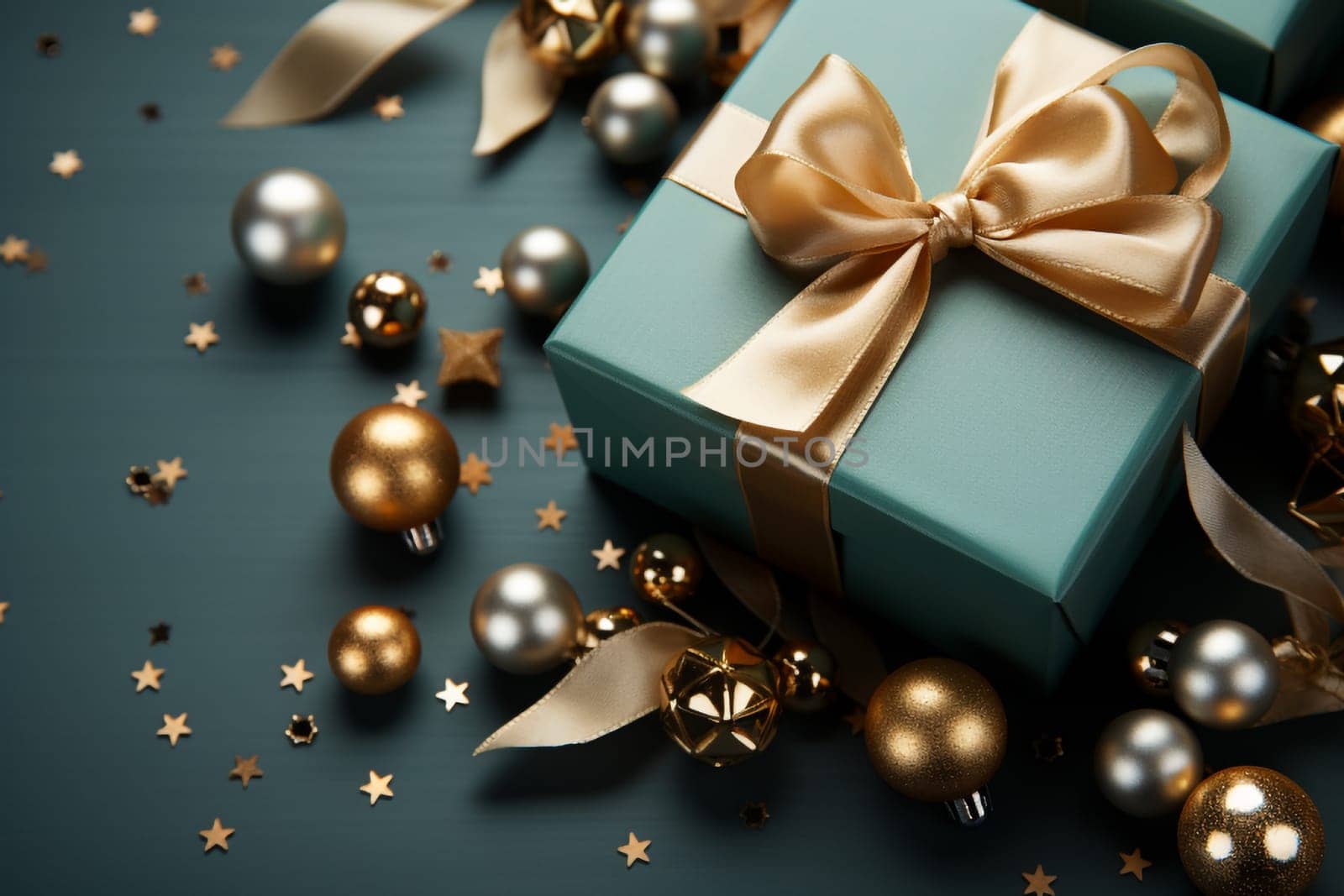 Flat lay Christmas gift on light pastel green background with copy space by Ciorba