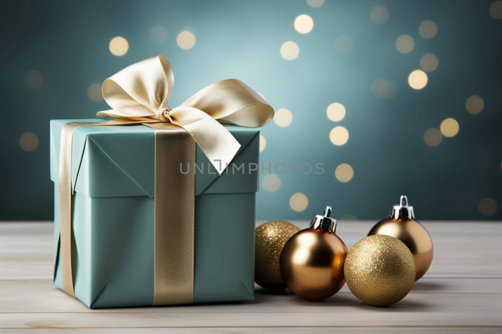 Christmas decorations with pastel green gift wrapping in an elegant package on a on a blurred colorful background