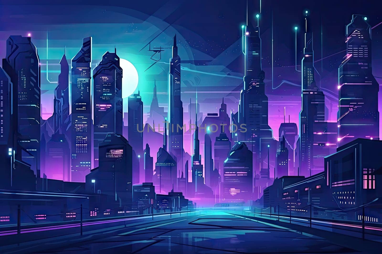 Cyber dark night city landscape background. Light glowing on dark scene by Generative AI by wichayada