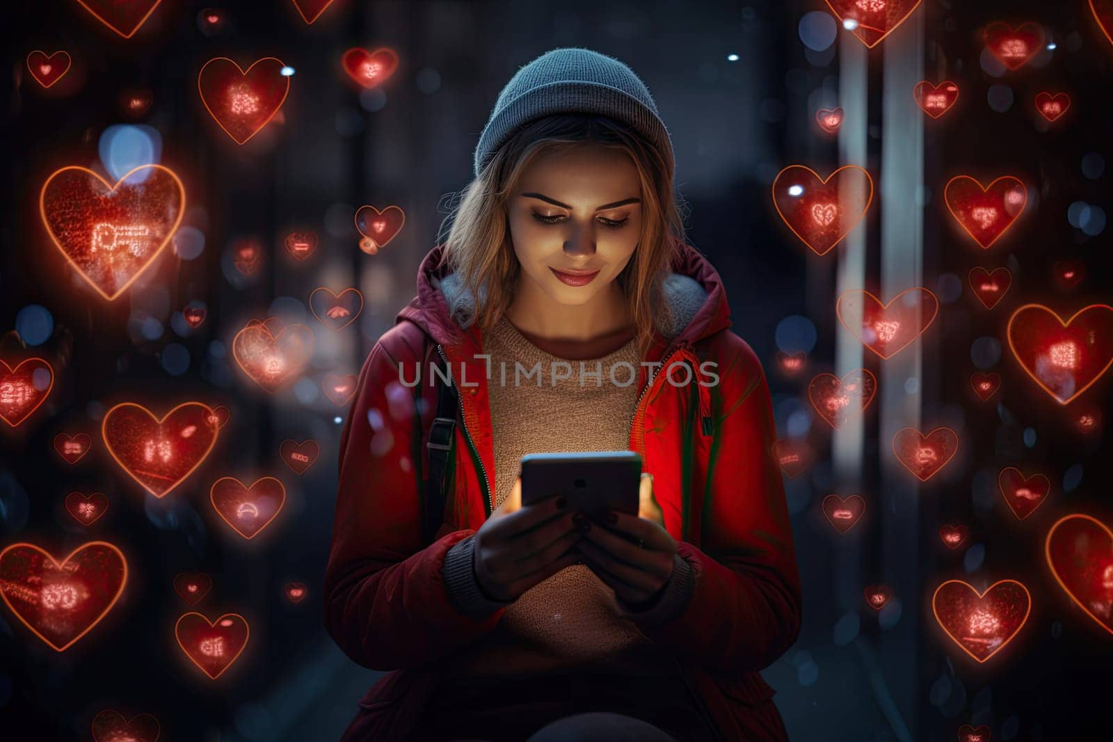 Portrait of young woman visiting dating site via smartphone to find love by papatonic