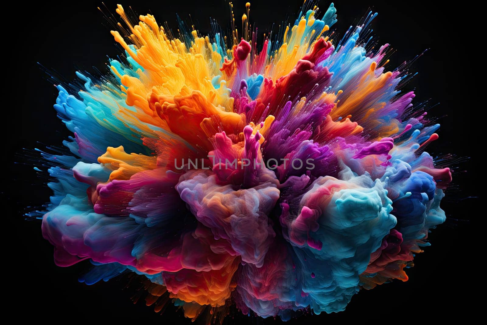 abstract multicolored explosion on a black background. Abstract colorful explosion on Black background by Generative AI.