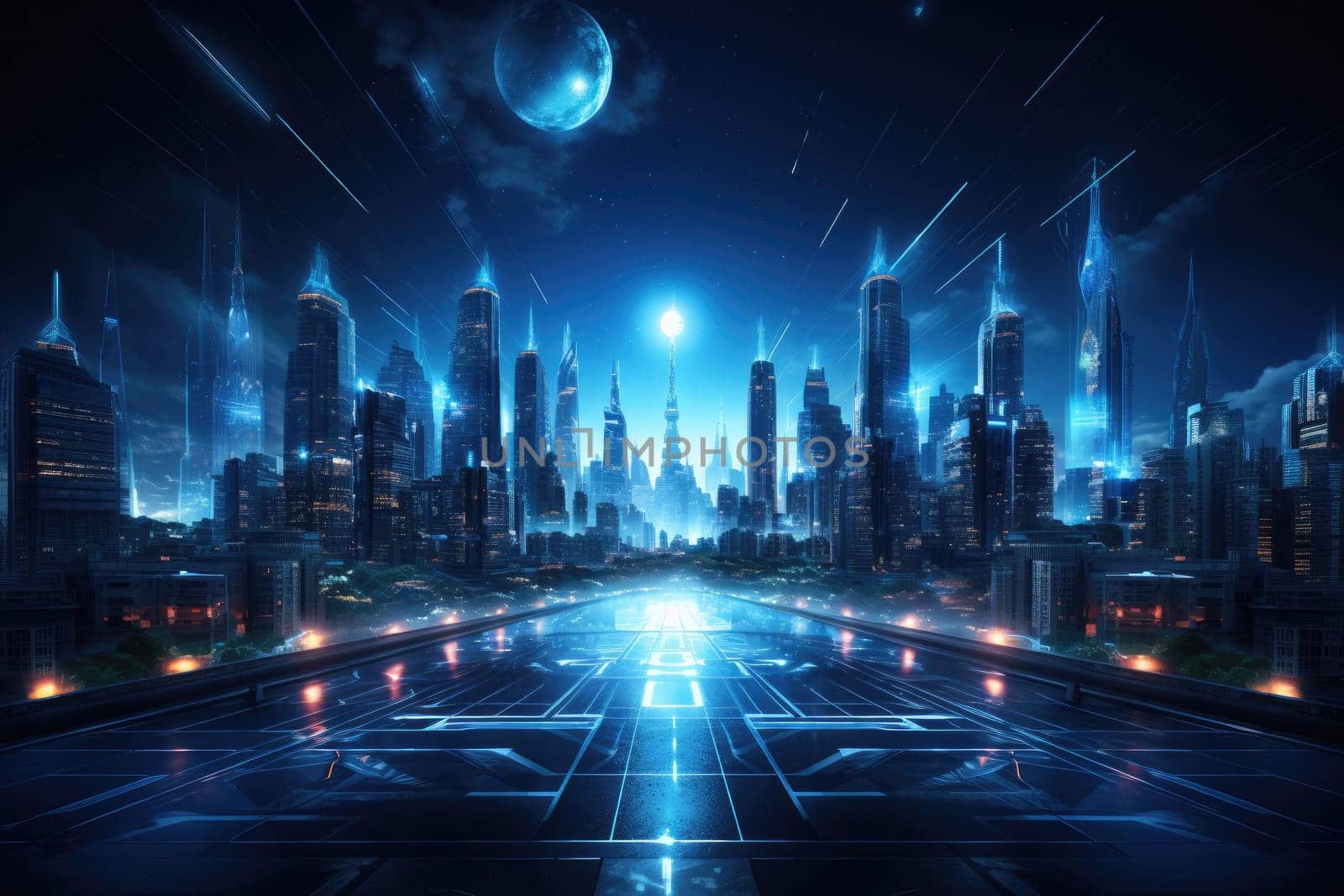 Cyber dark night city landscape background. Light glowing on dark scene by Generative AI by wichayada