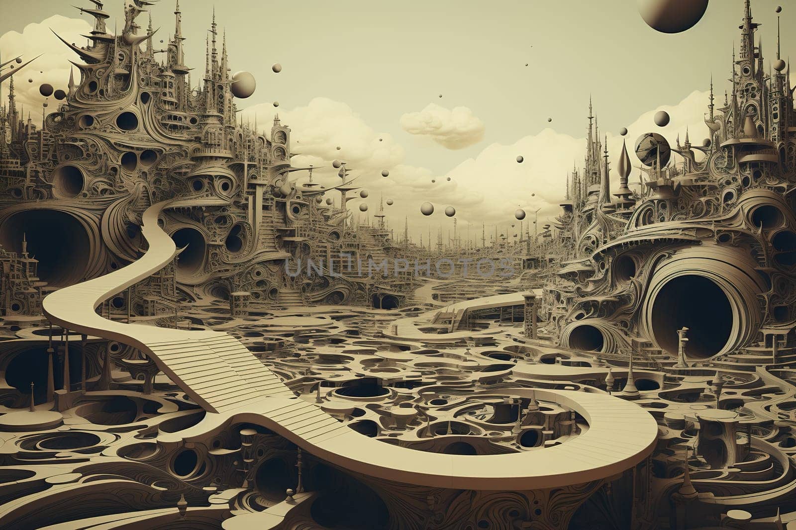 Fantastic futuristic view from an alien planet with unusual architecture of buildings. Generative AI by Vovmar