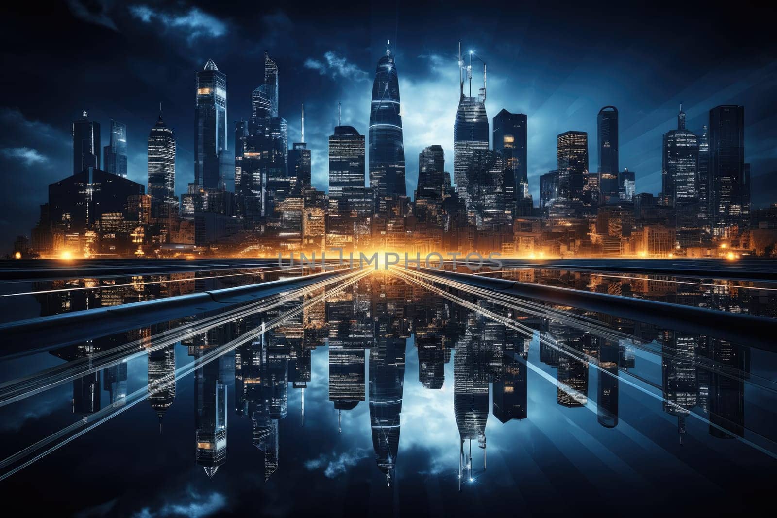 Cyber dark night city landscape background. Light glowing on dark scene by Generative AI by wichayada