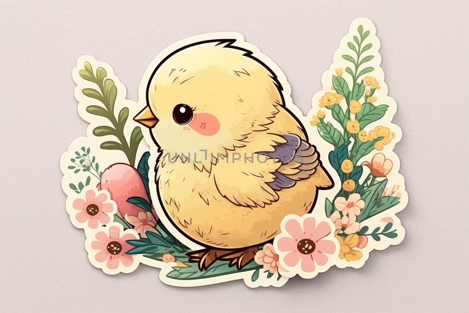 Sticker of Cute Easter yellow chicken with flowers. Illustration, horizontal drawing. Generative AI