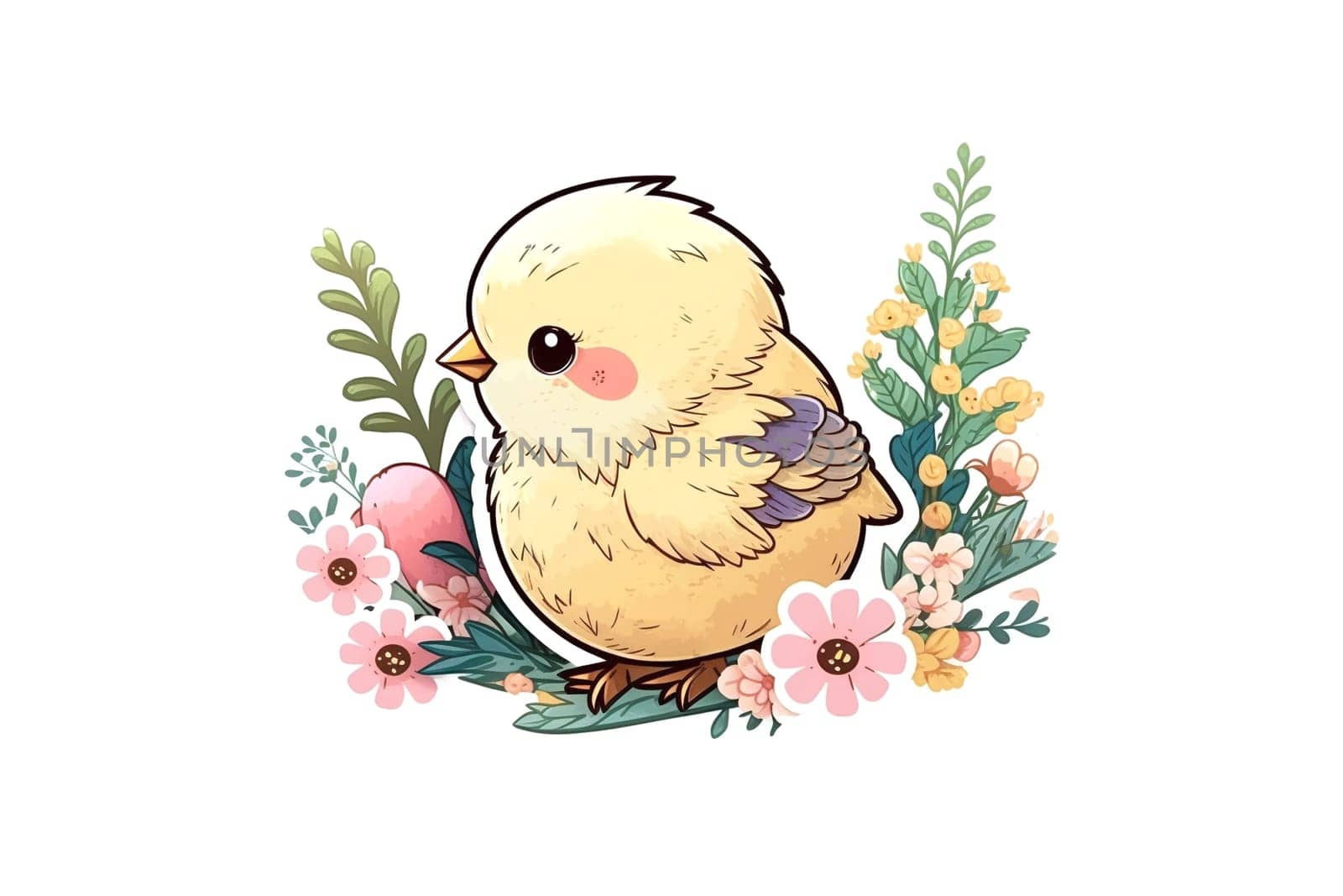 Sticker of Cute Easter yellow chicken with flowers. Illustration, horizontal drawing. Generative AI