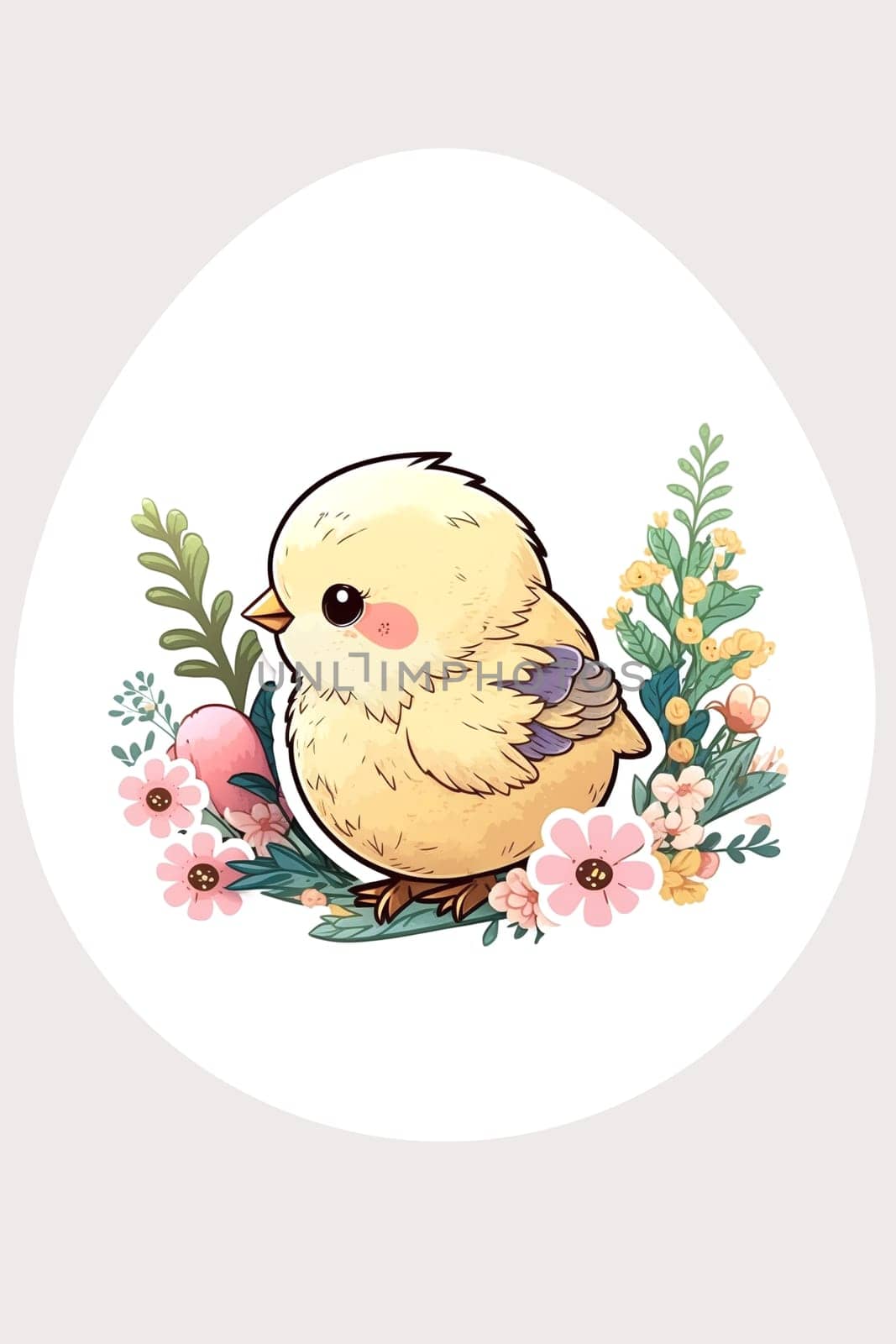 Sticker of Cute Easter yellow chicken with flowers. Illustration, drawing. Generative AI