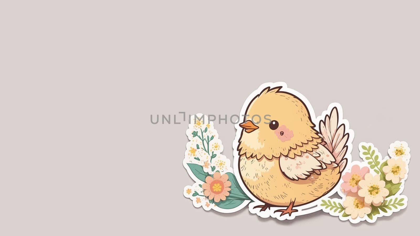 Sticker of Cute Easter yellow chicken with flowers. Illustration, drawing. Horizontal banner. Generative AI