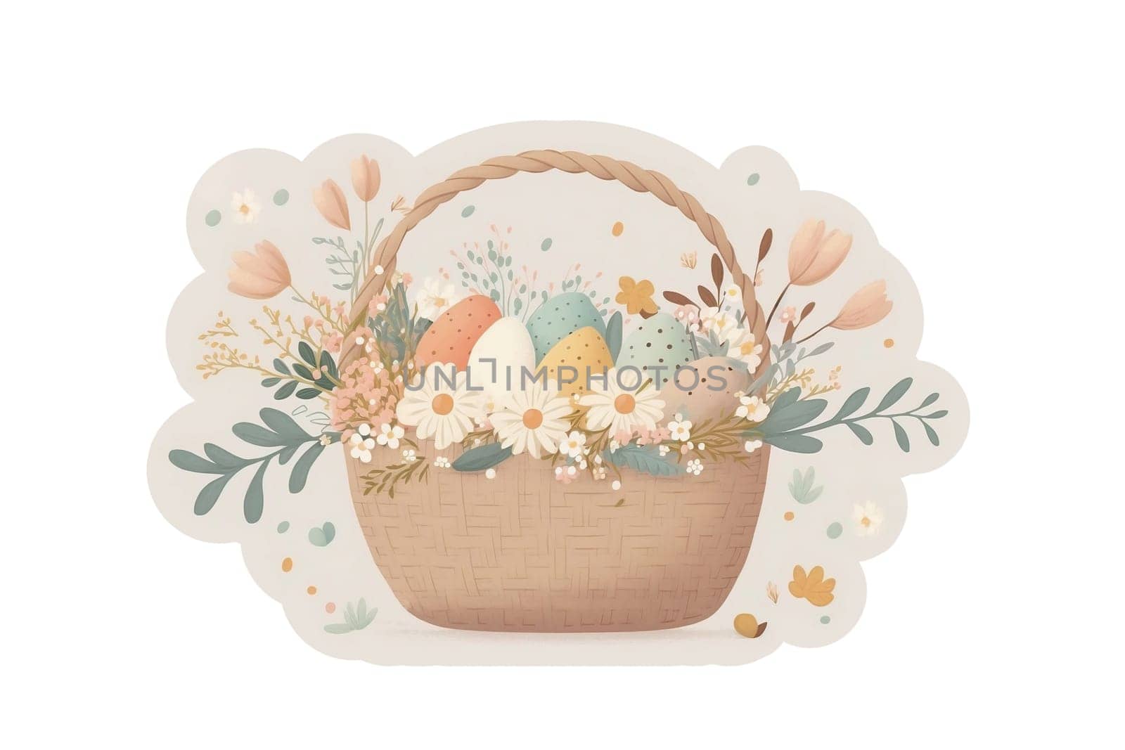 Sticker of Cute Easter yellow chicken with flowers. Illustration, drawing. Horizontal banner. Generative AI