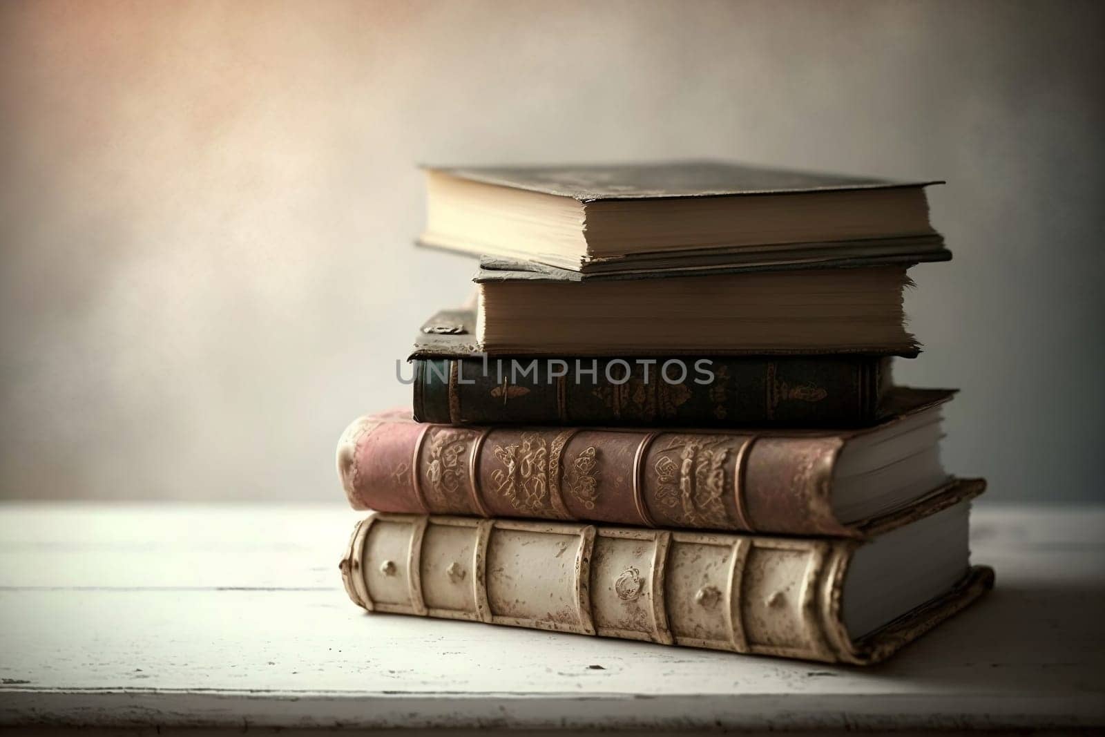 Vintage, antiquarian books pile on wooden surface. Horizontal. Generative AI