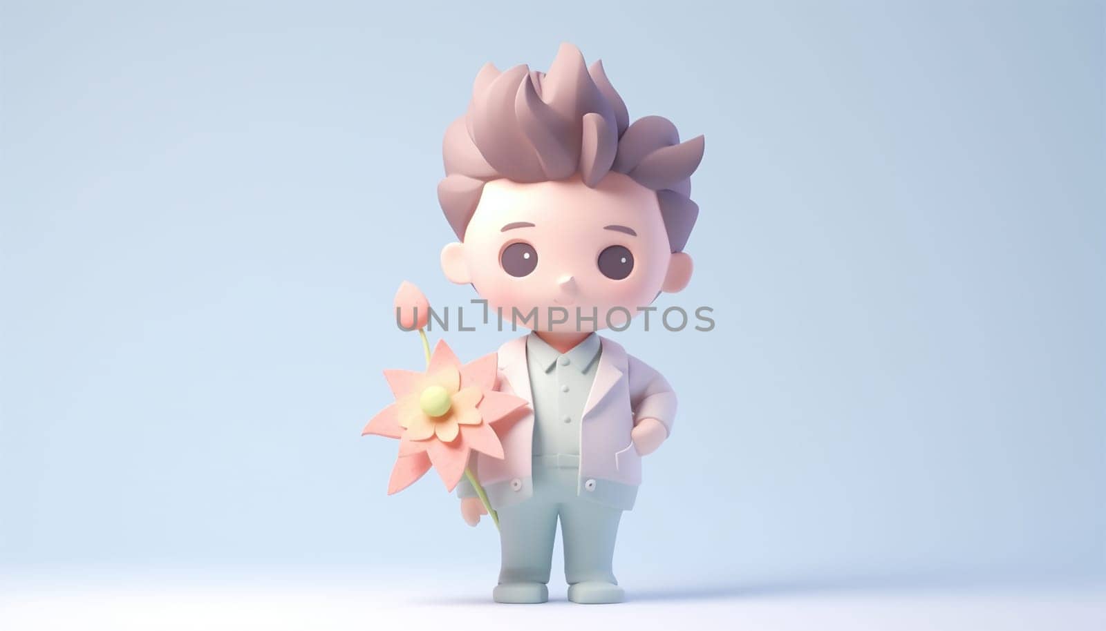 Cute boy holding a flower. 3D pastel colored. Valentine's Day . Happy Women's day. Cute boy cartoon character holding a bouquet of flowers. Space for text