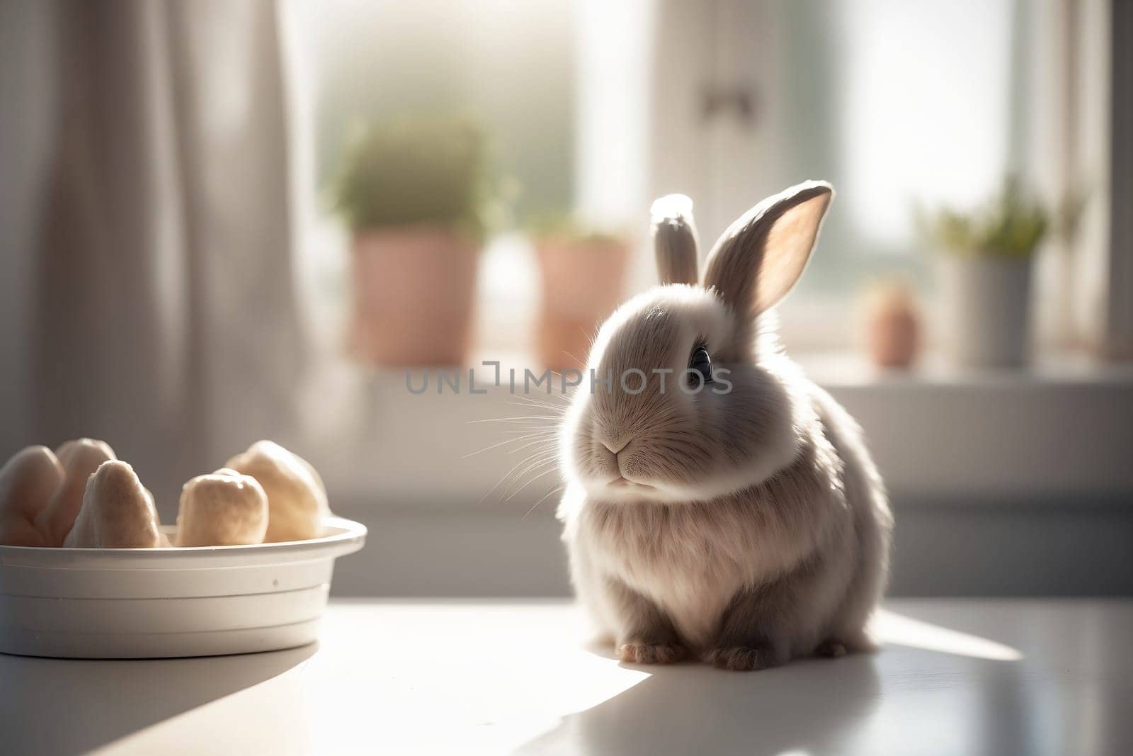 Cute Rabbit with Easter Holiday organic domestic food on table. Little Bunny for Spring Holiday in the farm kitchen, banner. Generative AI