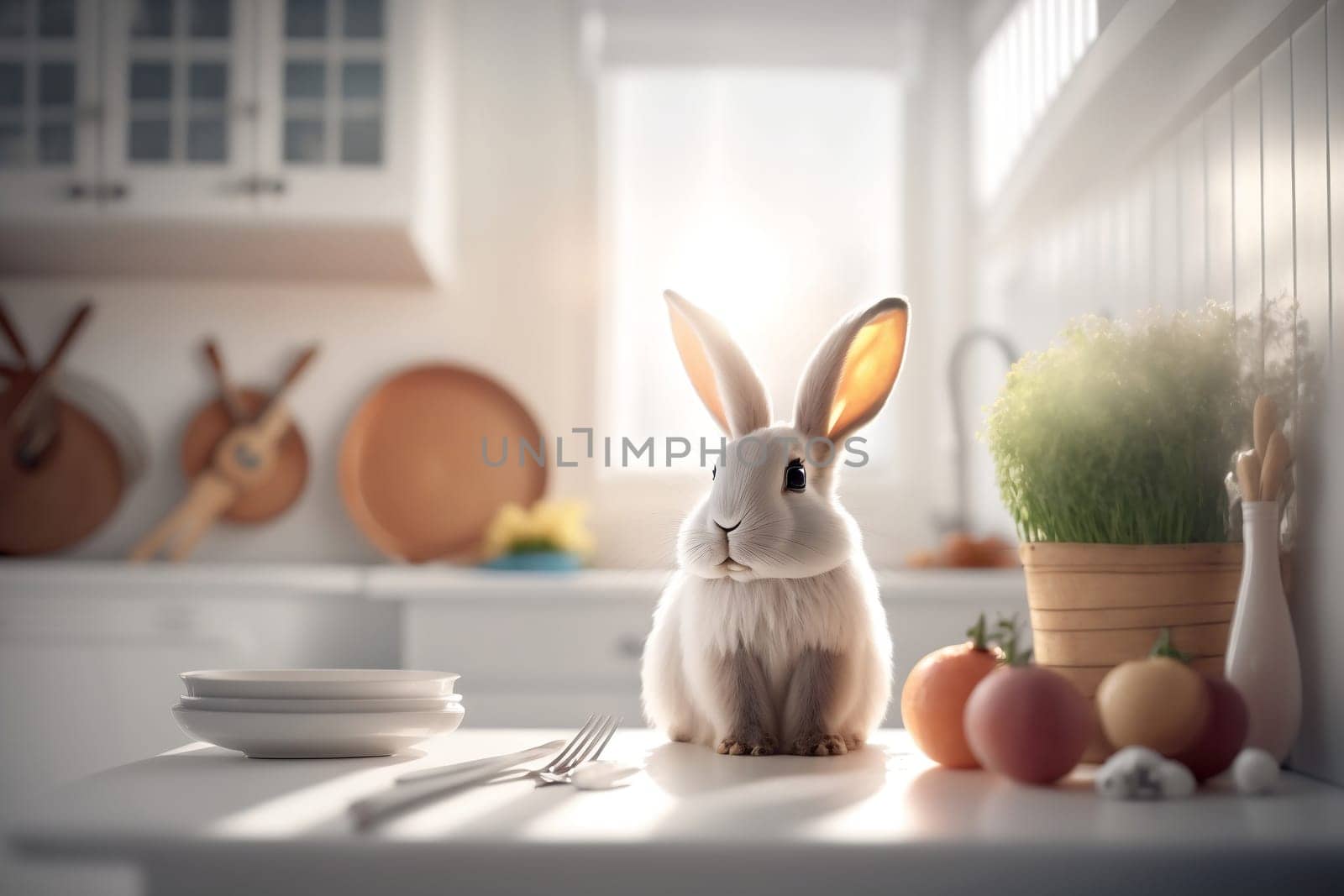 Cute Rabbit with Easter Holiday organic domestic food on table. Little Bunny for Spring Holiday in the farm kitchen, banner. Generative AI