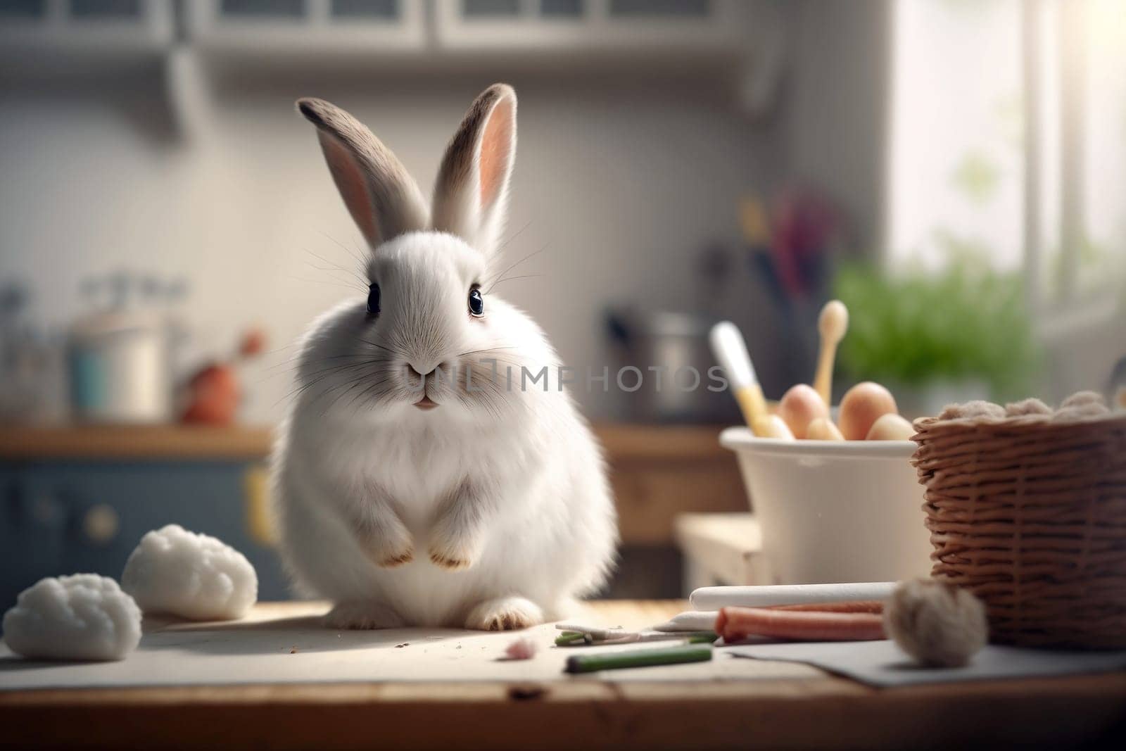 Cute Rabbit with organic domestic sweets on table. Little Bunny for Spring Holiday in the farm kitchen, banner. Generative AI