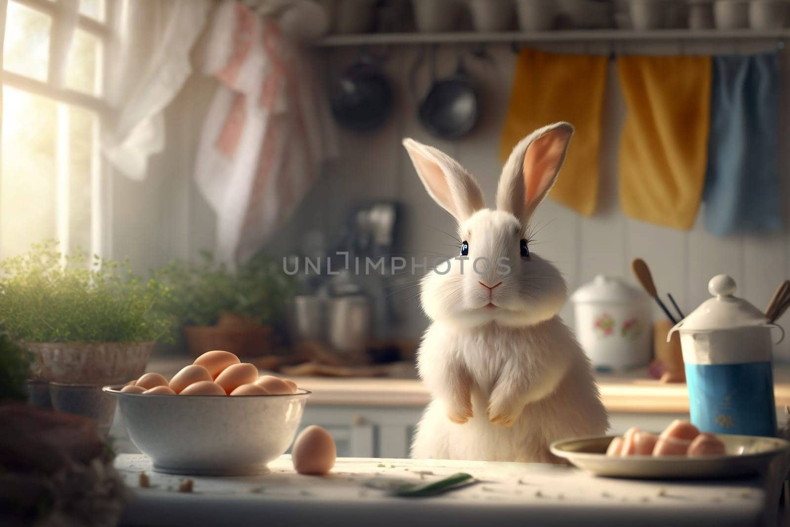 Cute Rabbit with Easter Holiday organic domestic food on table. Little Bunny for Spring Holiday in the farm kitchen, banner. Generative AI