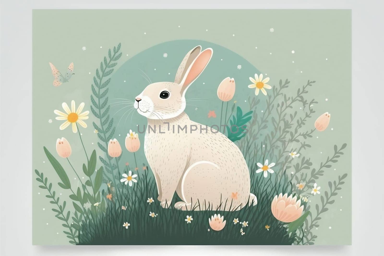 Cute fluffy Easter bunny with eggs in grass, spring and easter. Illustration. Generative AI