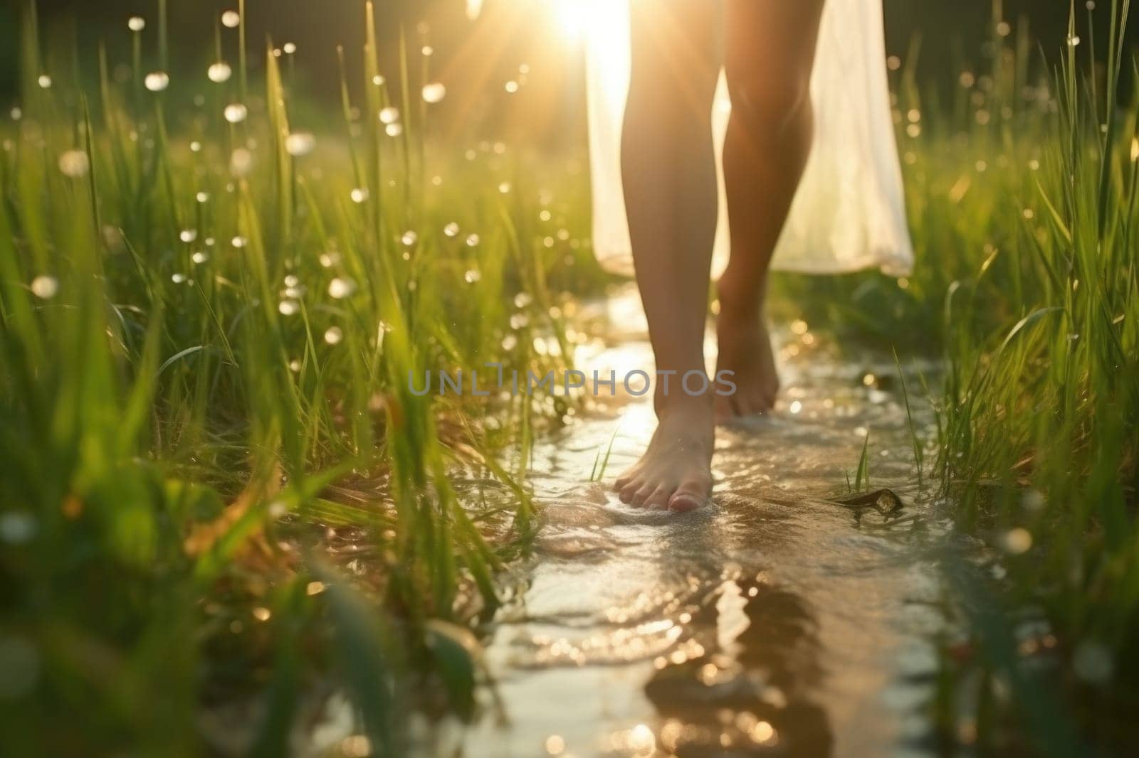Women's bare feet walk on green grass with in a field.