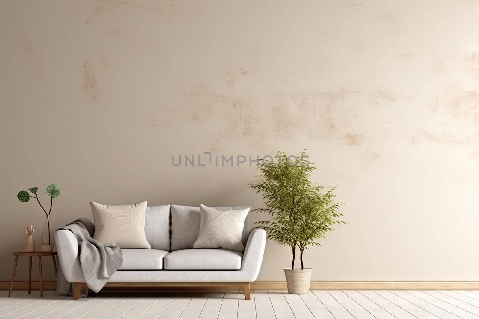 Minimalist living room interior with wooden floor, decor on a large wall. Generative ai.