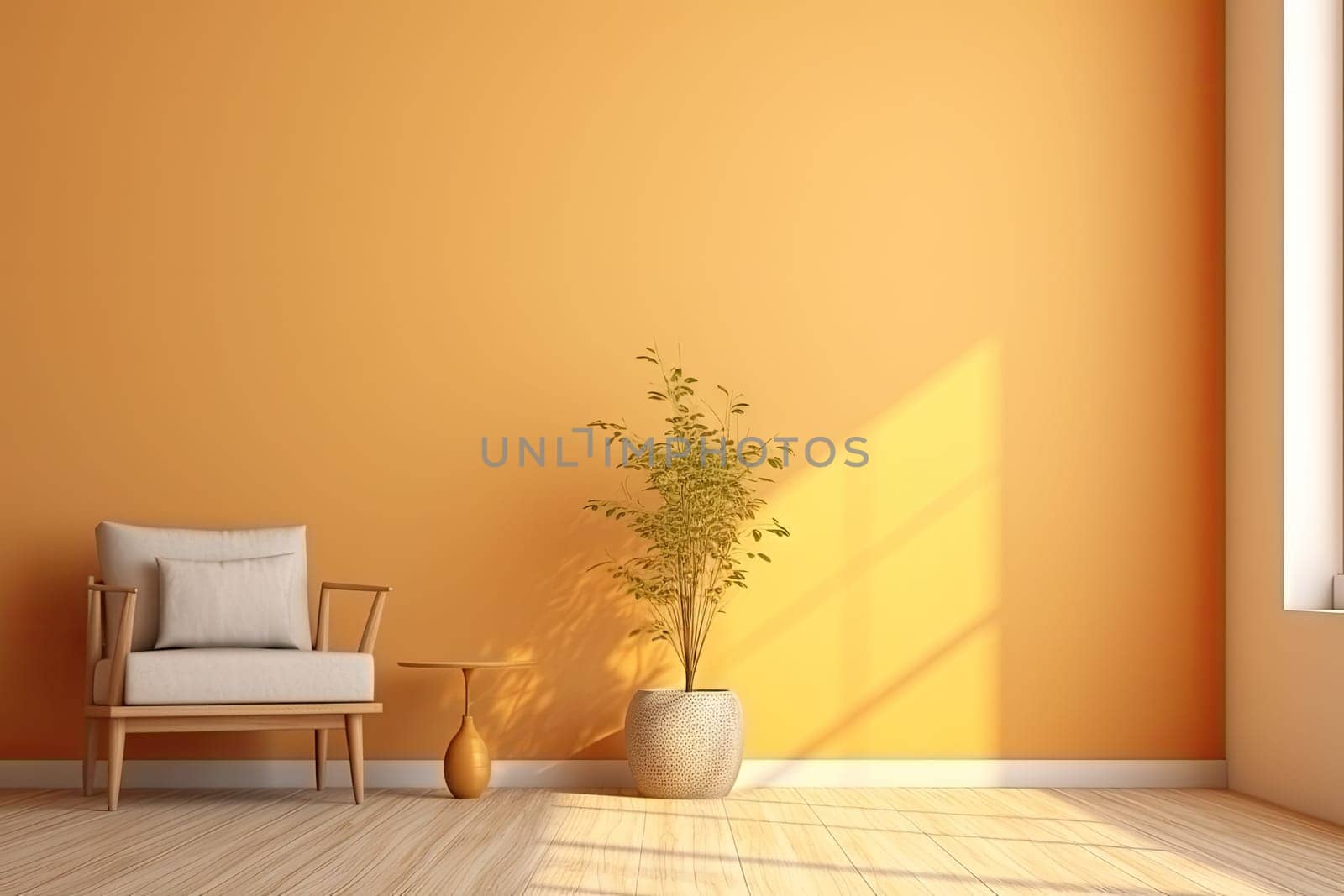 Minimalist living room interior with wooden floor, decor on a large wall. Generative ai.
