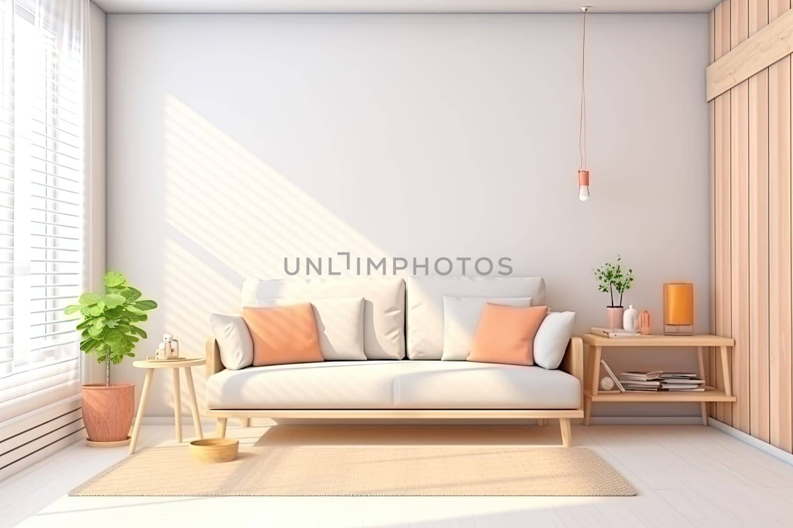 Minimalist living room interior with wooden floor, decor on a large wall. Generative ai by nateemee