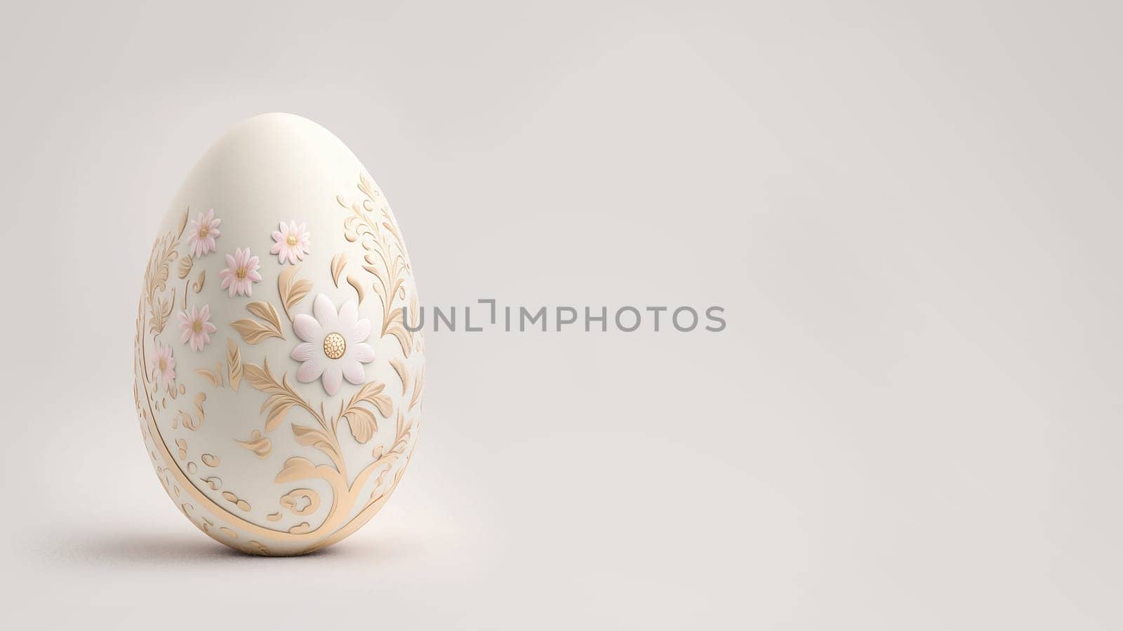 One white easter egg with beautiful gold floral pattern standing on light background. Generative AI.